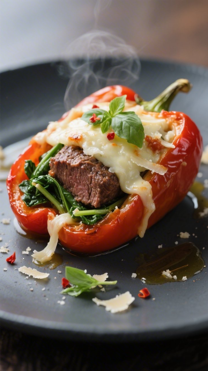 Close-up three-quarter angle of a single stuffed pepper plated on a matte charcoal plate, cross-sect