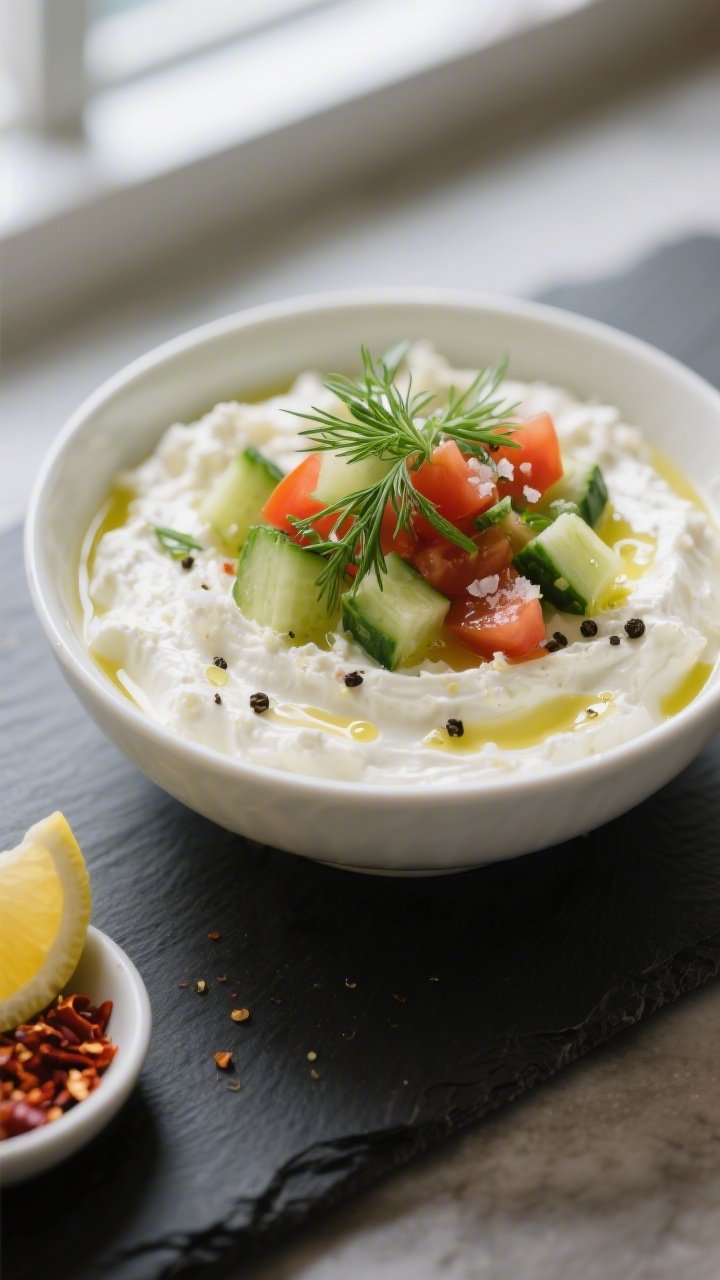 Close-up, three-quarter angle of the savory cottage cheese bowl just assembled, showing the ultra-sm
