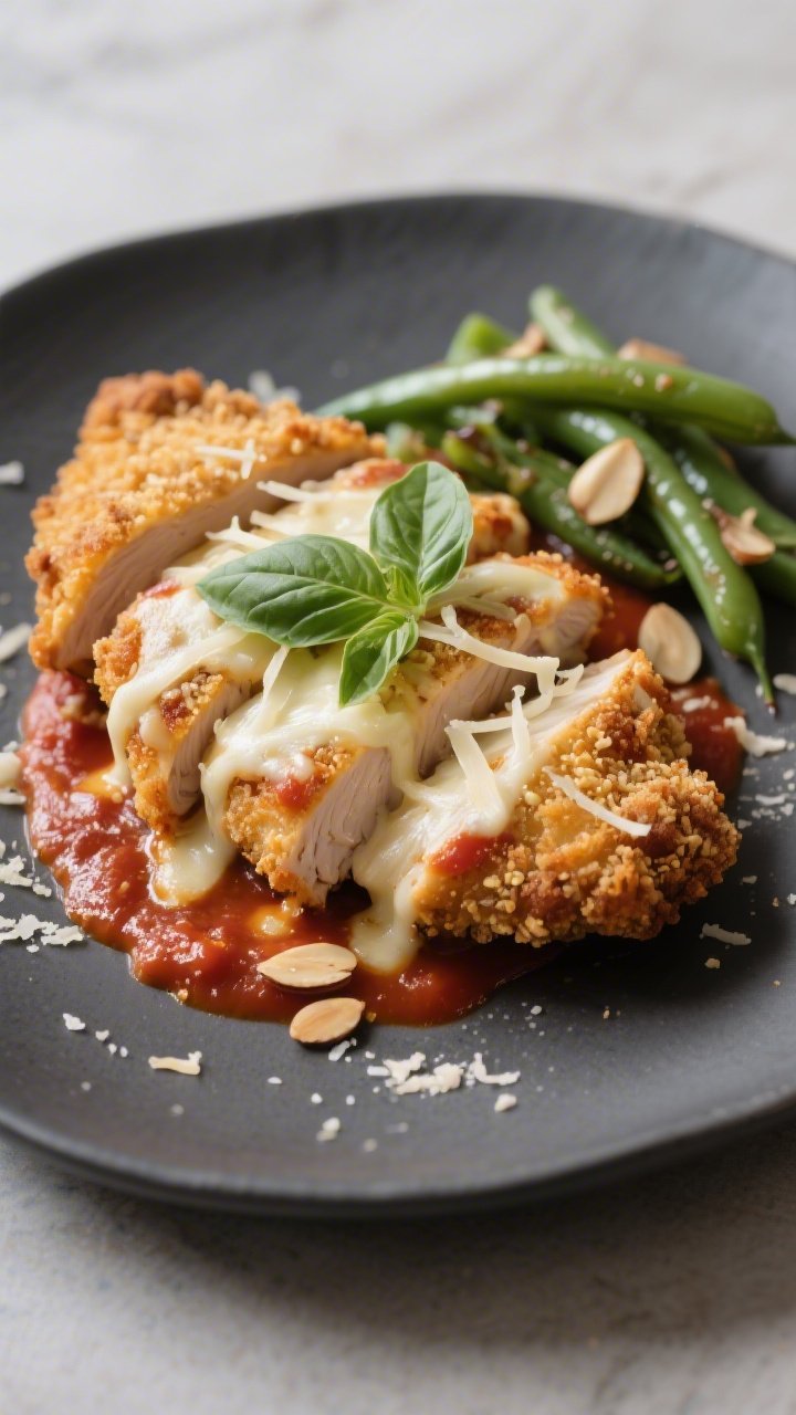 Close-up, three-quarter angle plated serving of Keto Chicken Parmesan on a matte charcoal plate: one