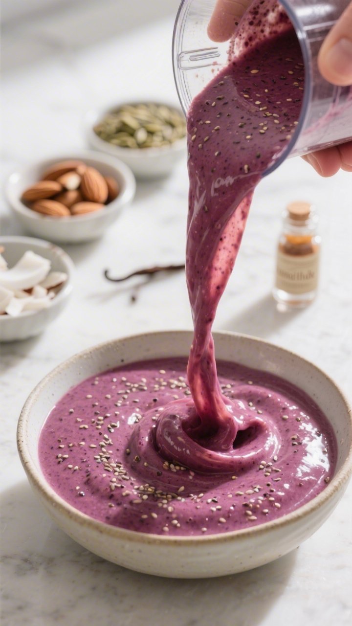 Close-up, three-quarter angle process shot of the blended smoothie base being poured thickly from a 