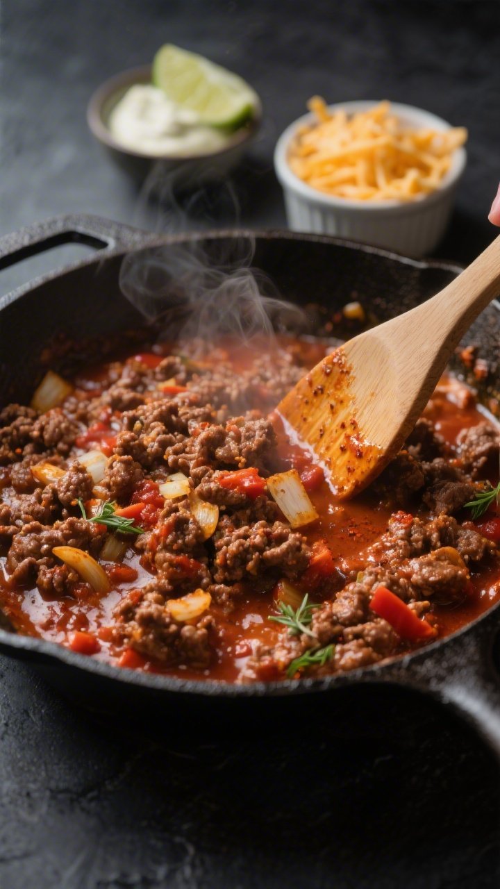Cooking process close-up: A skillet scene of saucy keto taco beef just after simmering—crumbled br
