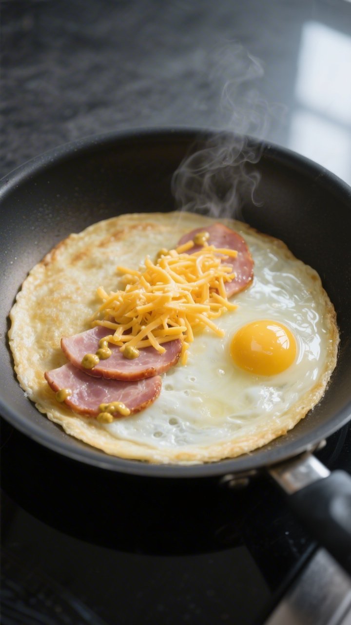 Cooking process close-up: A thin egg “wrap” cooking in an 8–10 inch nonstick skillet over medi