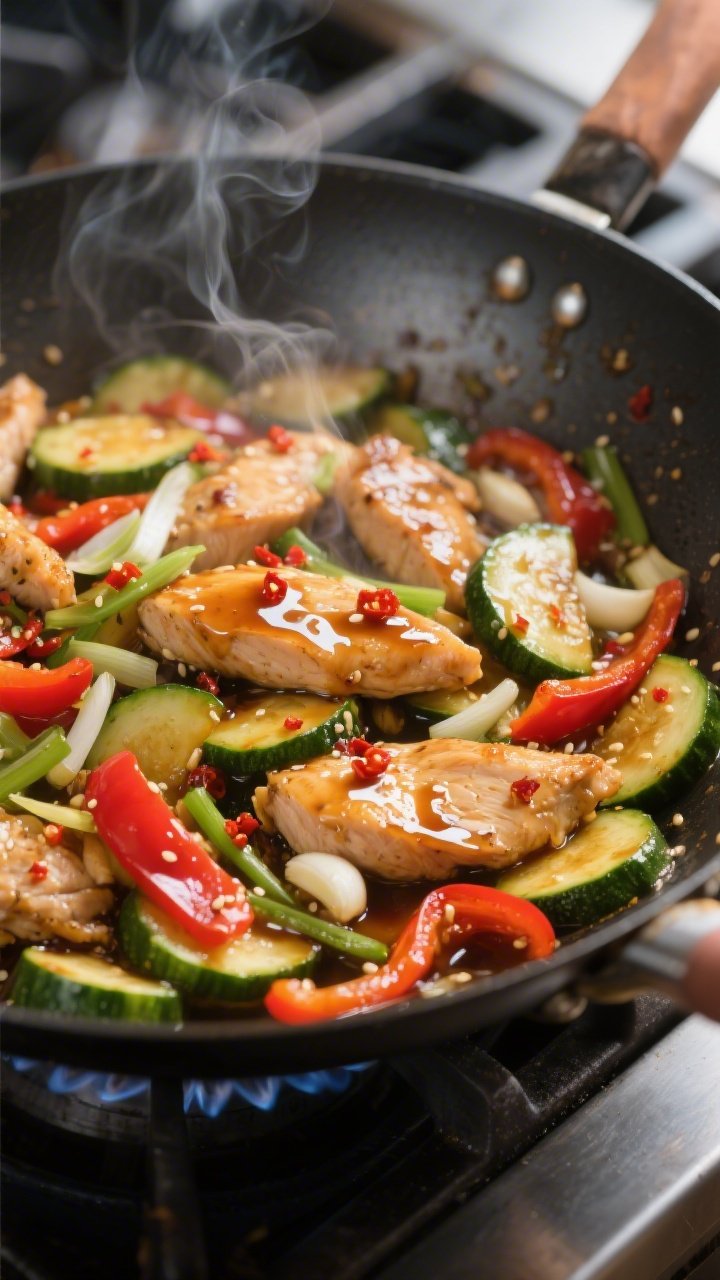 Cooking process, close-up action: Sizzling keto chicken and zucchini stir fry in a carbon steel wok