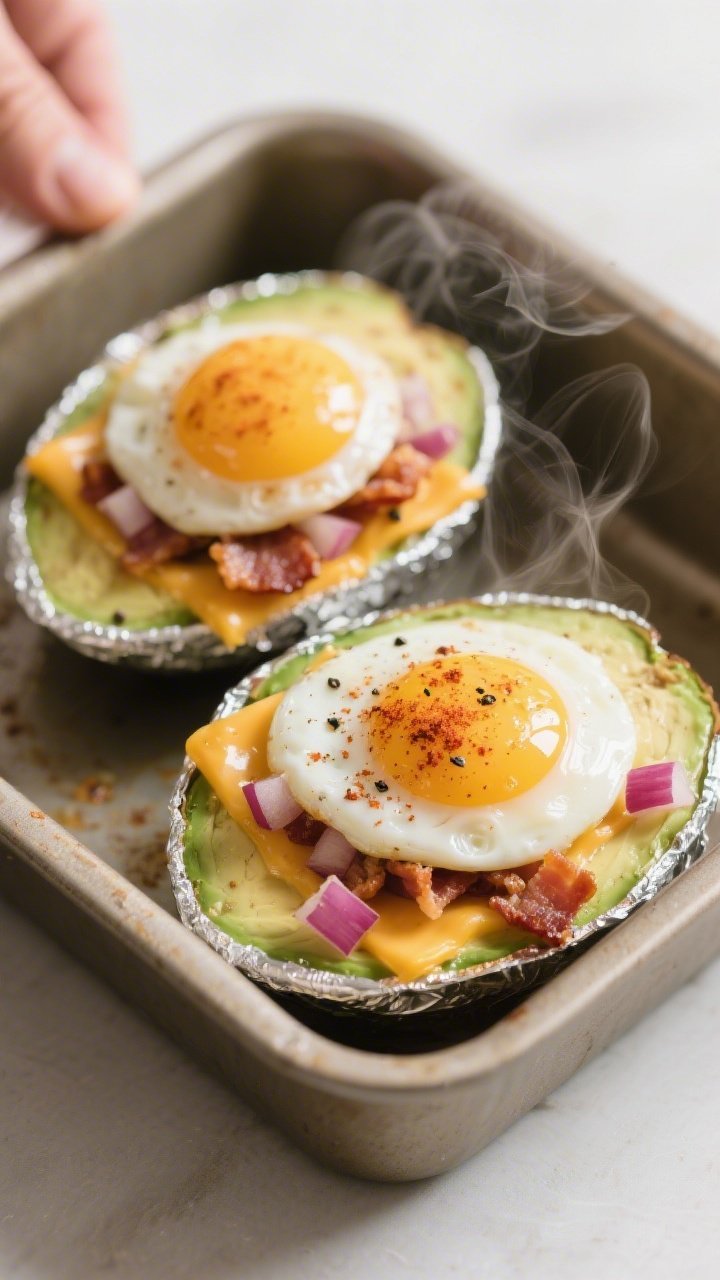Cooking process close-up: Avocado halves nestled in a small, oiled baking dish, each stuffed with a