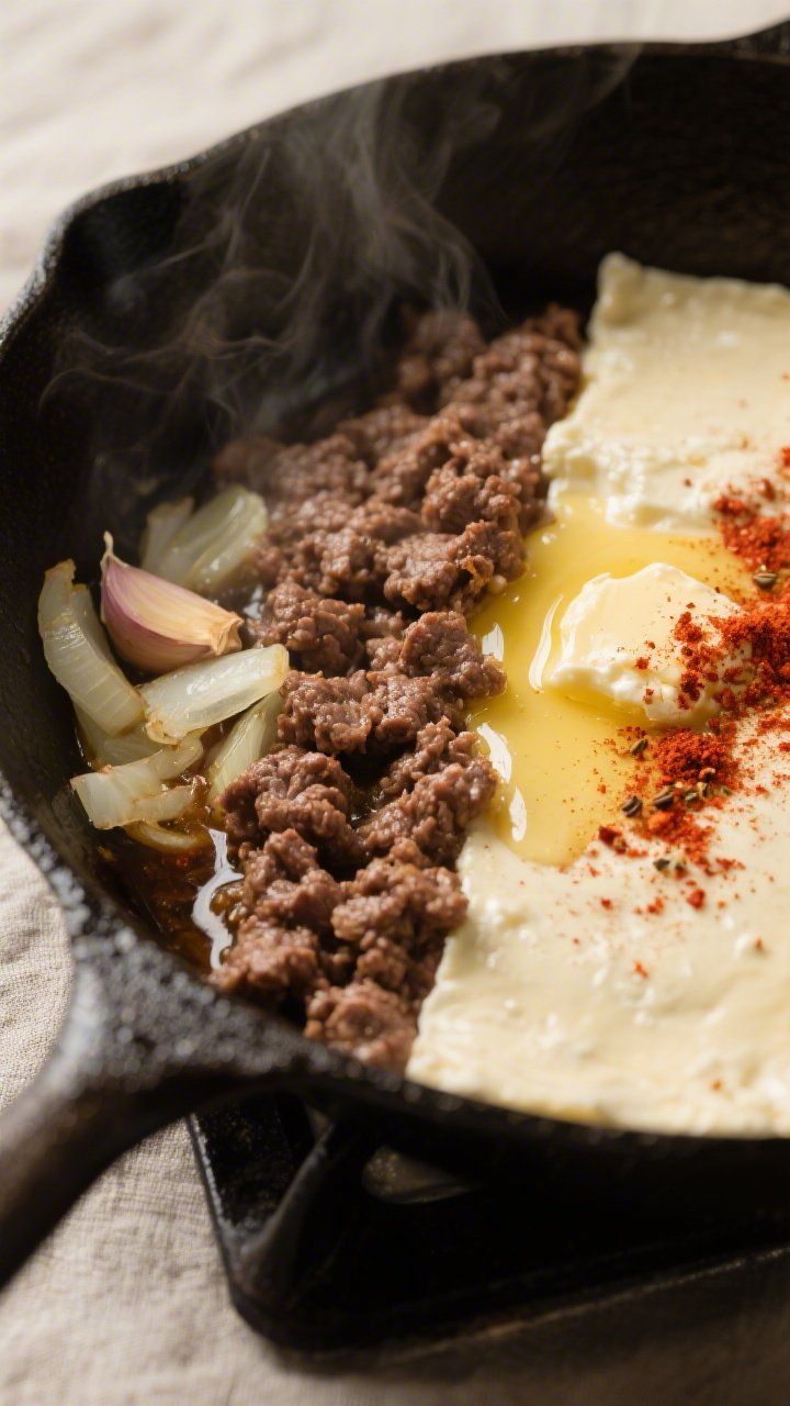 Cooking process, close-up detail: A cast-iron skillet on the stovetop with browned ground beef pushe