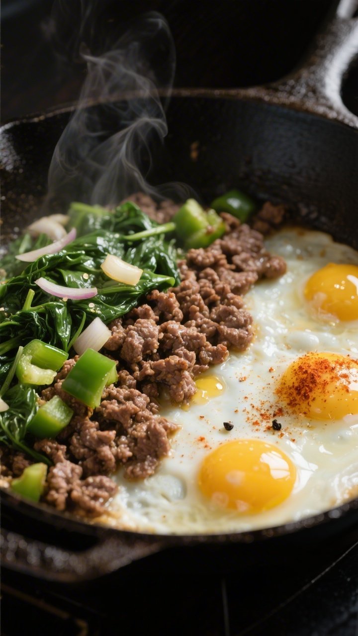 Cooking process, close-up detail: A large, well-seasoned cast-iron skillet mid-cook with browned, cr