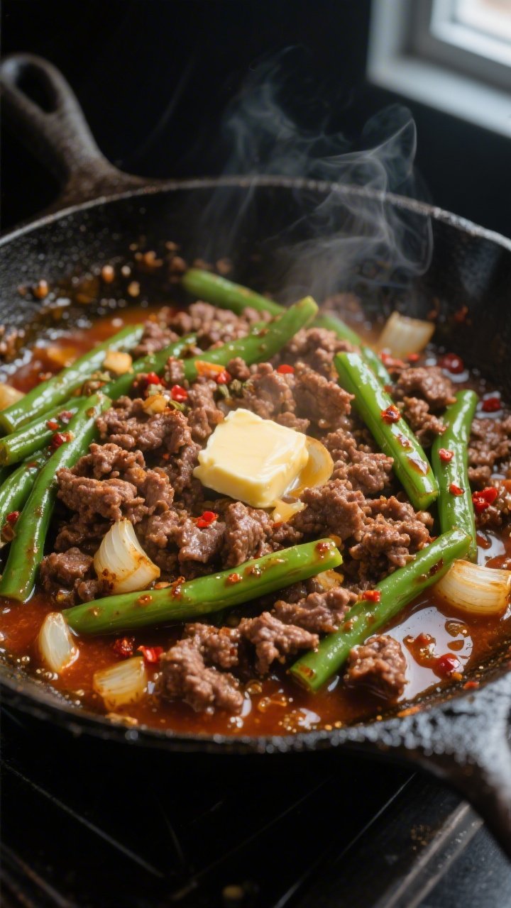 Cooking process, close-up detail: A sizzling cast-iron skillet of browned ground beef and green bean