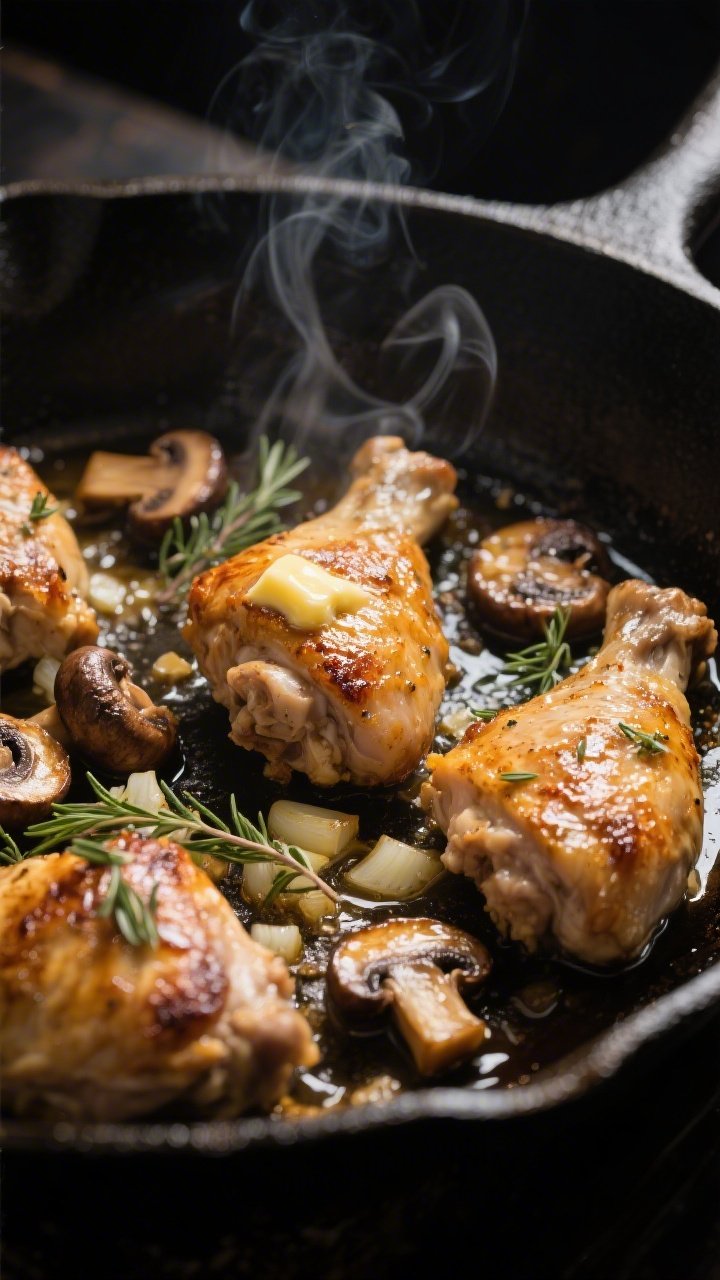 Cooking process, close-up detail: Golden-brown chicken thigh pieces sizzling in a large cast-iron sk