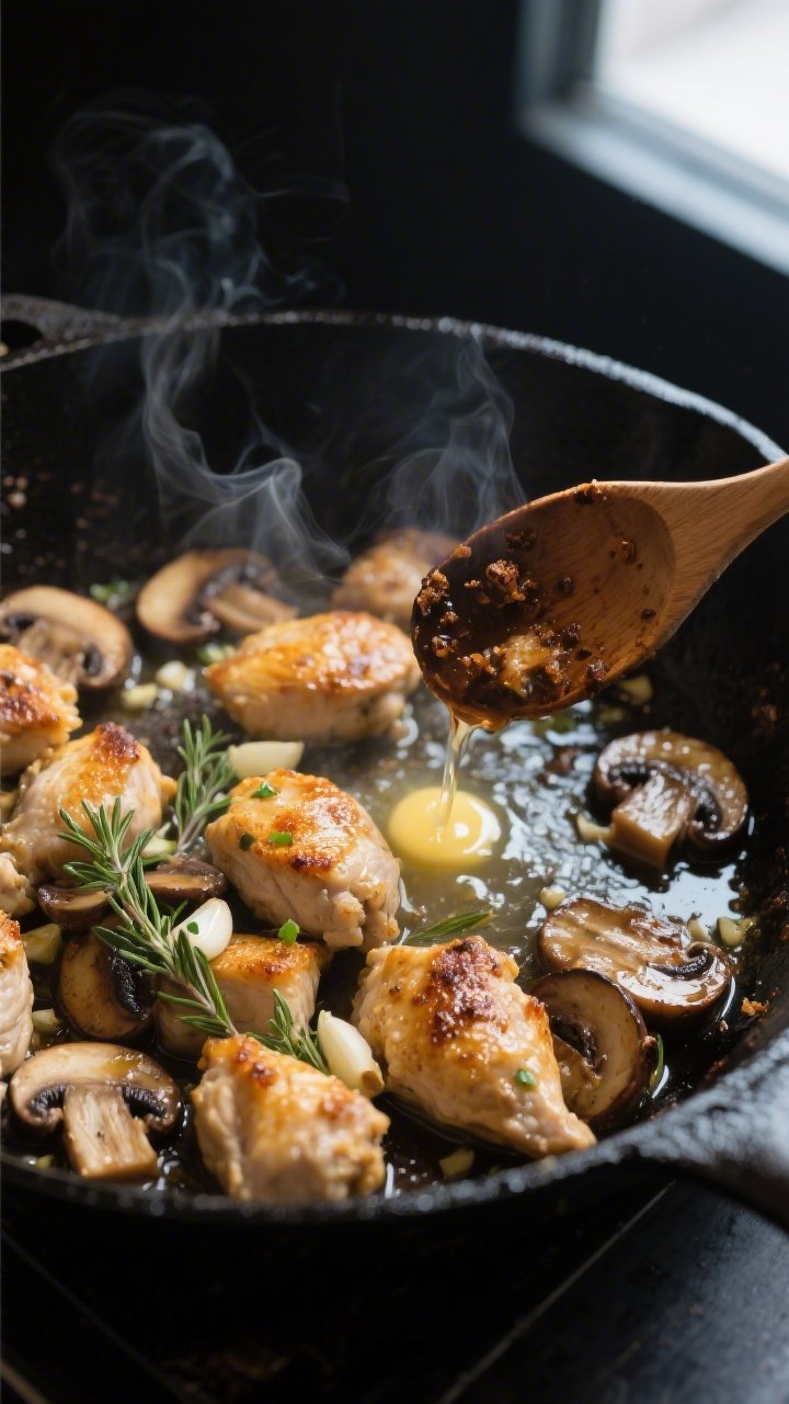 Cooking process, close-up detail: Golden-browned bite-size chicken pieces and deeply caramelized cre