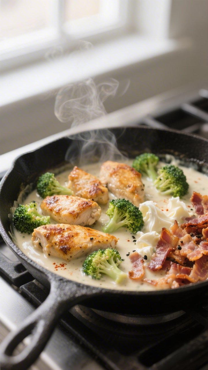 Cooking process, close-up detail: Golden-browned chicken bites and vibrant broccoli florets simmerin