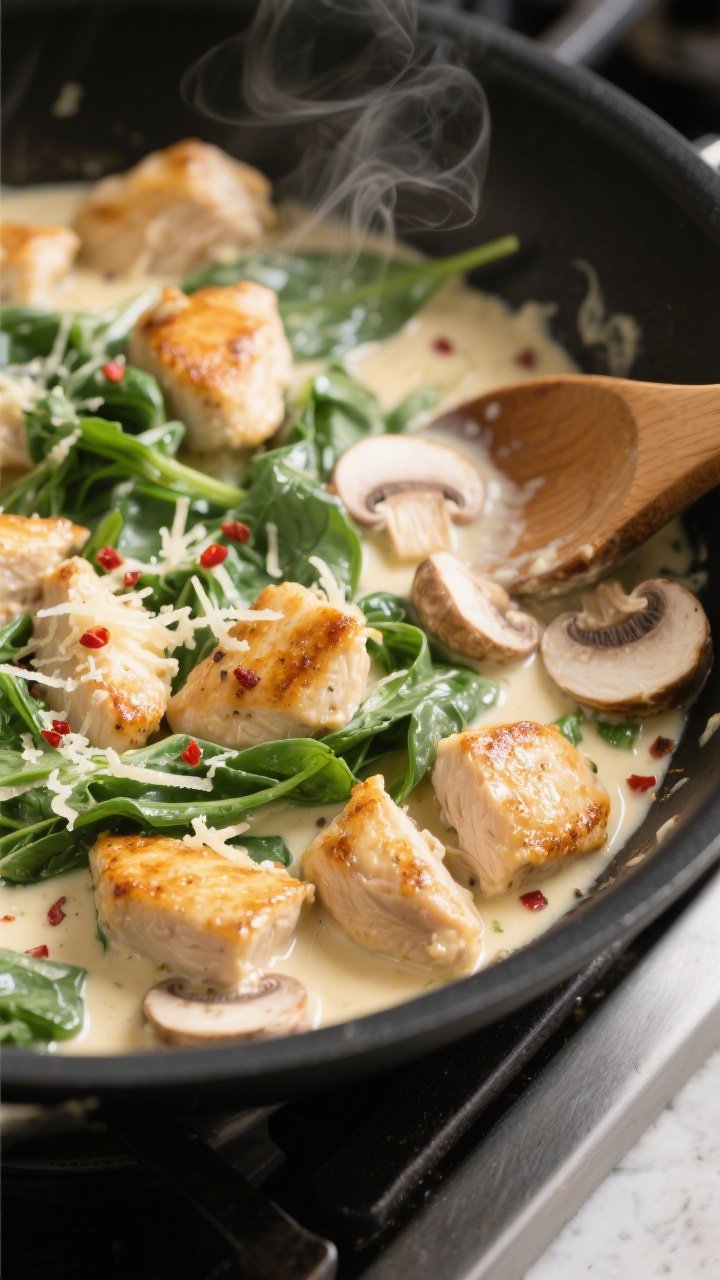 Cooking process, close-up detail: Golden-seared bite-size chicken pieces simmering in a wide black s