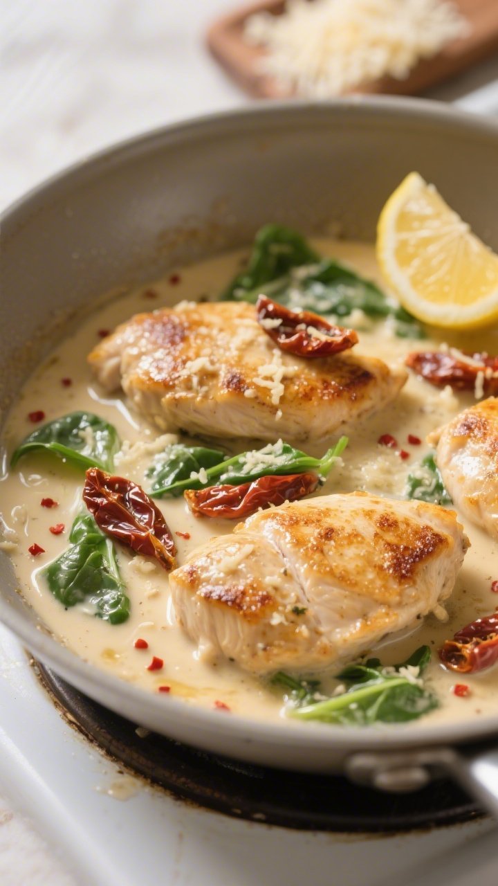 Cooking process, close-up detail: Golden-seared chicken cutlets simmering in a silky garlic-Parmesan