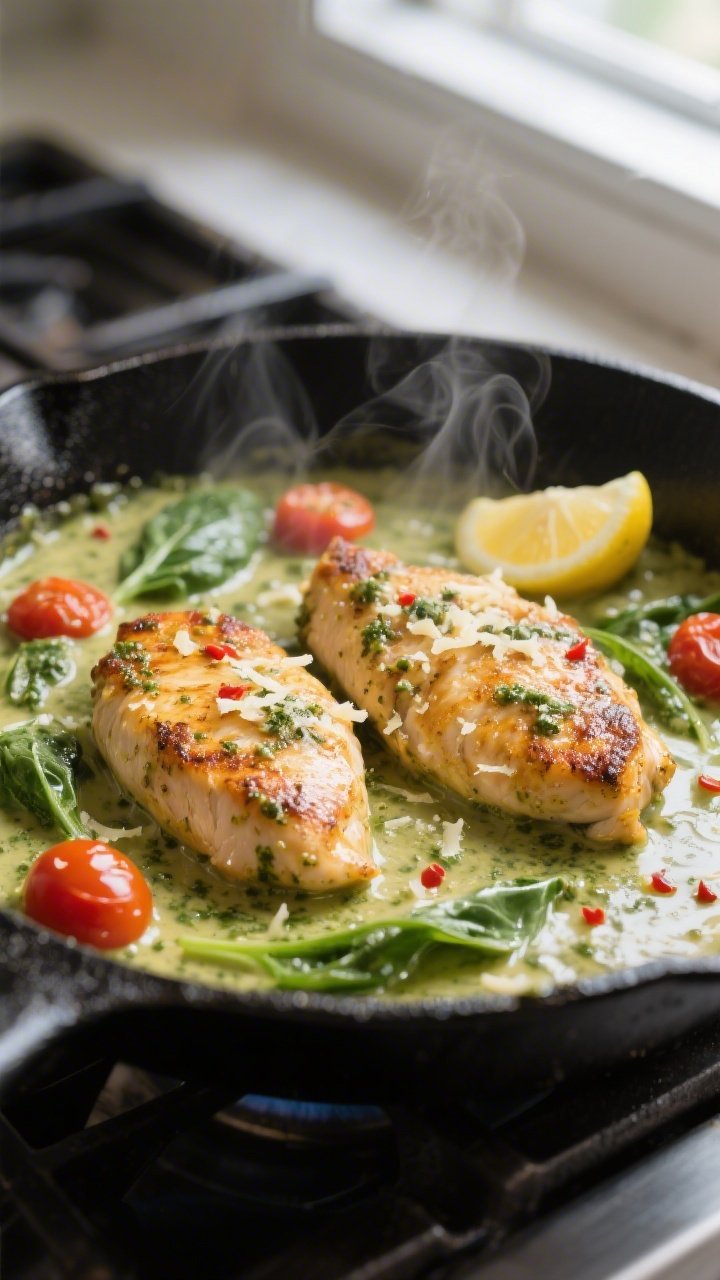 Cooking process, close-up detail: Golden-seared chicken cutlets nestled in a bubbling creamy pesto s