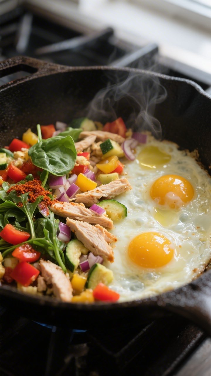 Cooking process, close-up detail: In-pan close-up of a keto chicken and egg breakfast scramble mid-c