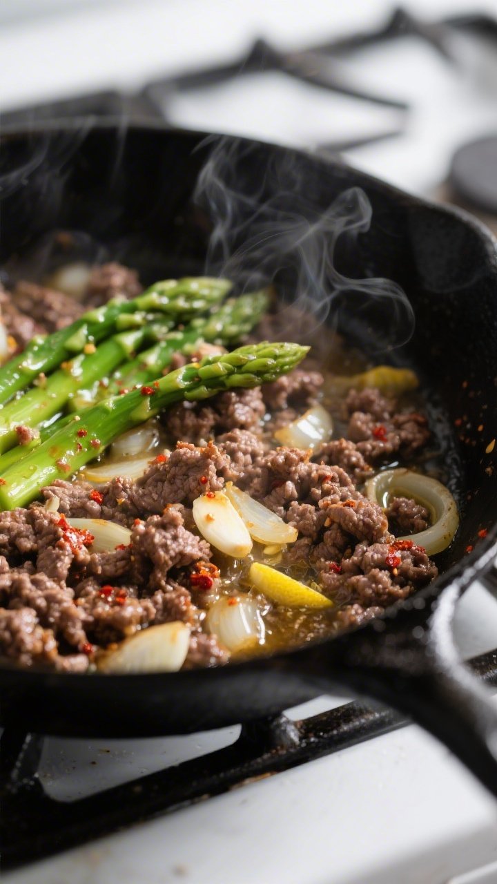 Cooking process, close-up detail: In-skillet shot of browned, seasoned ground beef sizzling with sof
