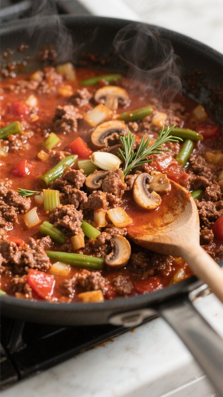 Cooking process, close-up detail: Sautéed ground beef shepherd’s pie filling simmering in a wide 