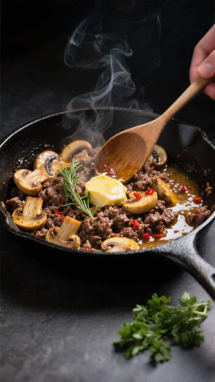 Cooking process, close-up detail: Sizzling garlic-butter ground beef and golden-seared cremini mushr