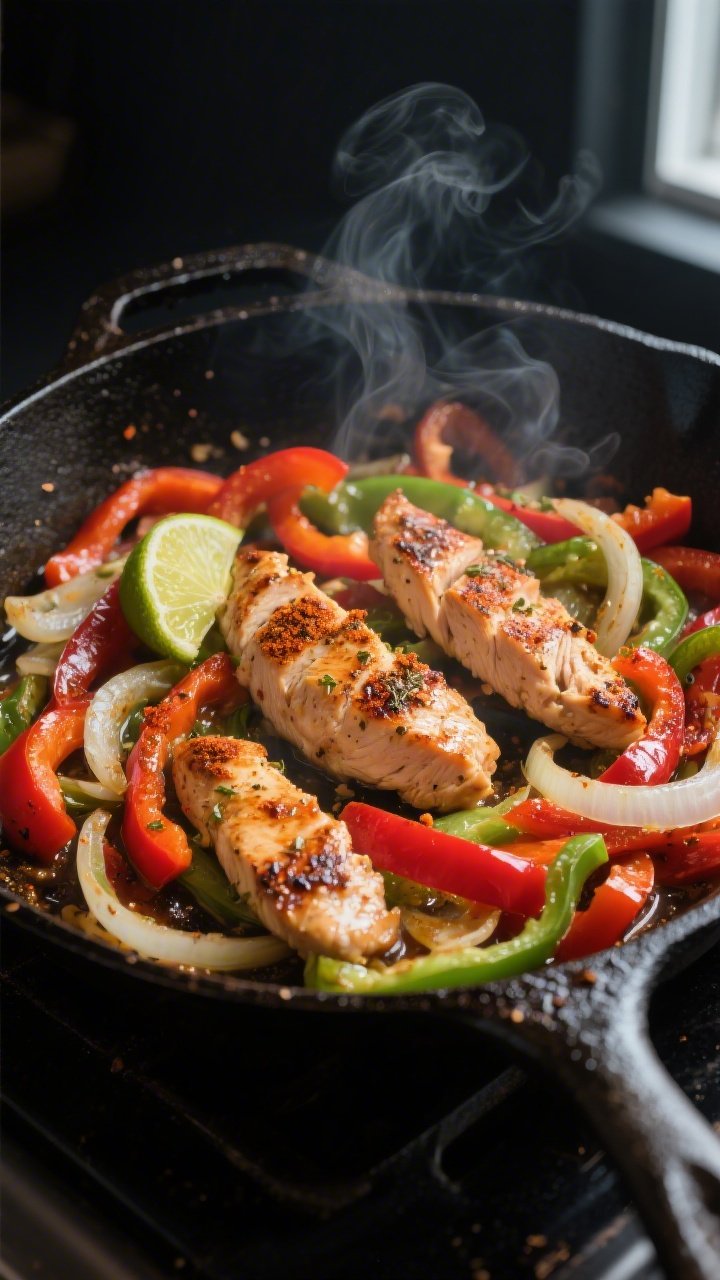 Cooking process, close-up detail: Sizzling keto chicken fajita skillet mid-cook in a well-seasoned c