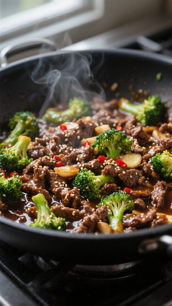 Cooking process, close-up detail: Sizzling keto ground beef and broccoli stir fry in a large black s