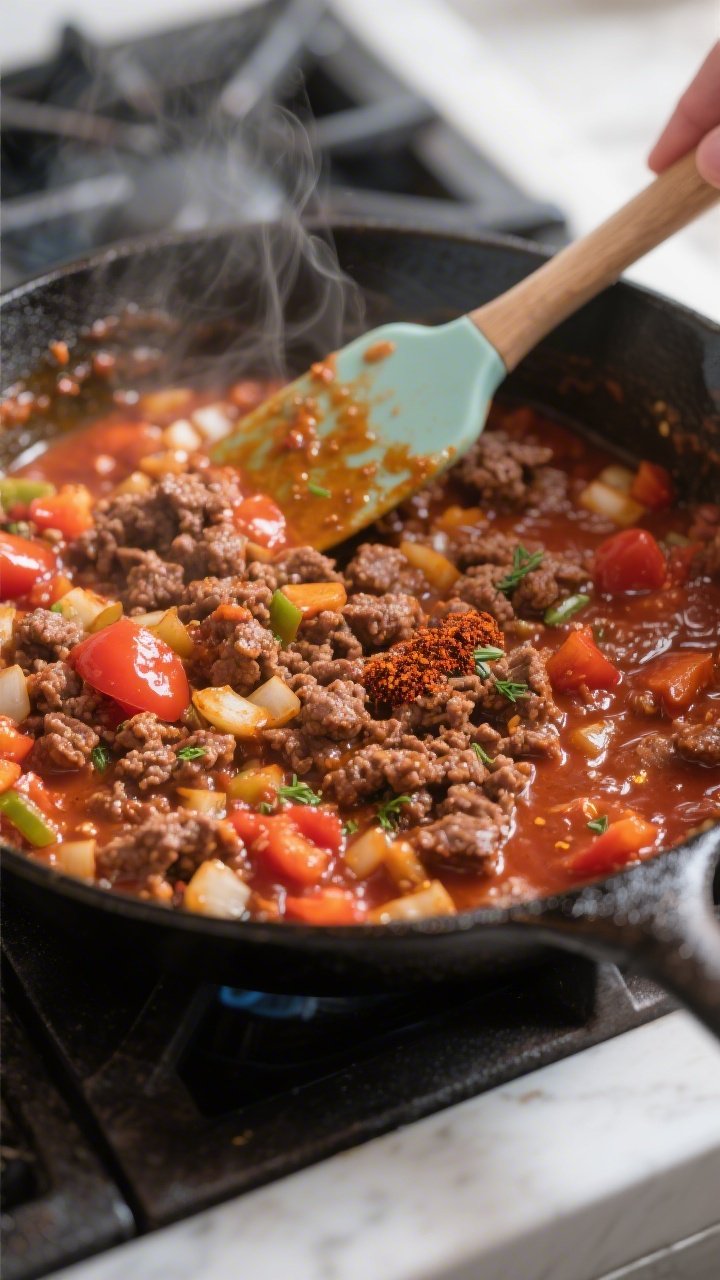 Cooking process, close-up detail: Sizzling keto ground beef and tomato skillet mid-simmer in a well-