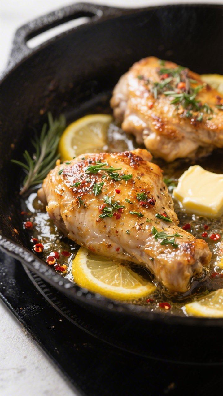 Cooking process, close-up detail: Sizzling one-pan keto lemon herb chicken thighs in a black cast-ir