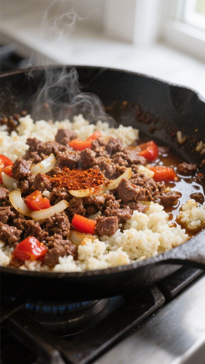 Cooking process, close-up detail: Sizzling one-pan keto ground beef and cauliflower rice mid-cook in