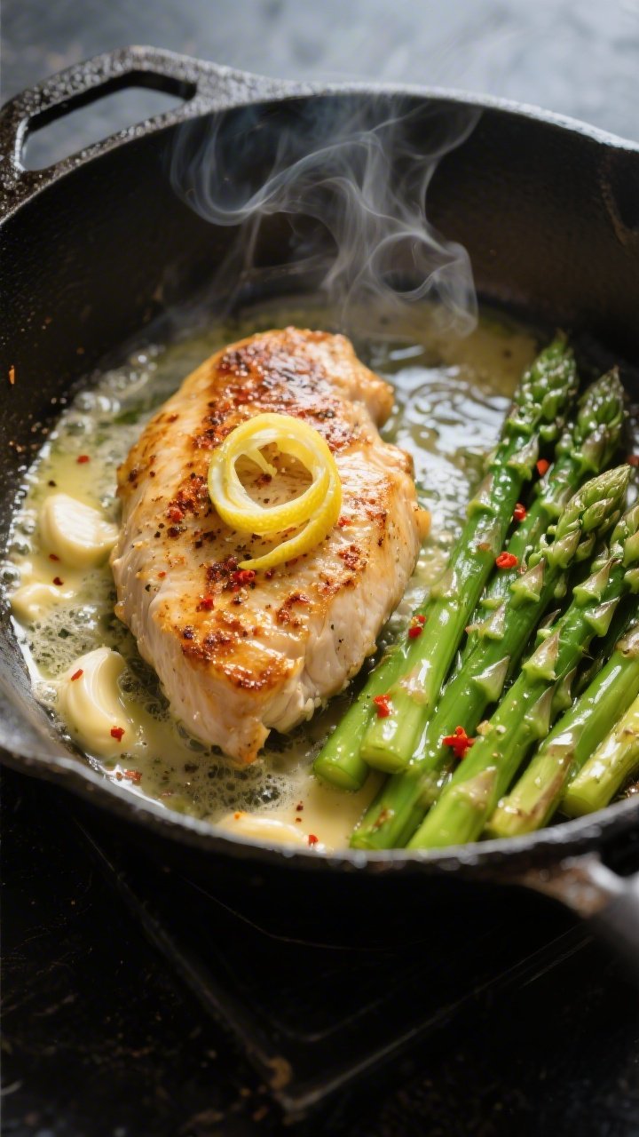 Cooking process, close-up detail: Sizzling pan-seared chicken cutlets nestled beside bright-green as