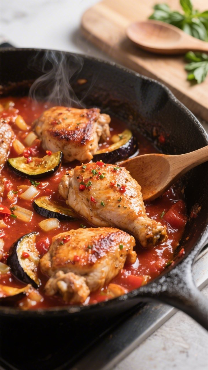Cooking process, close-up detail: Sizzling skillet scene of seared bite-size chicken thighs simmerin