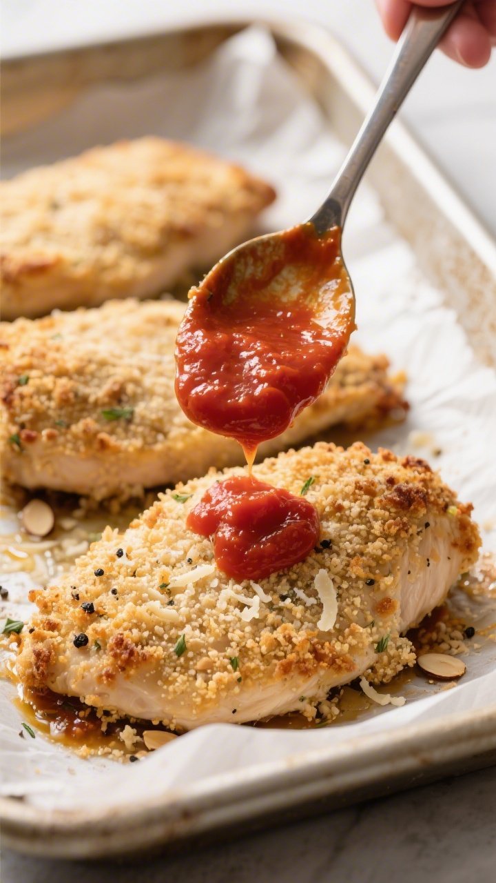 Cooking process close-up: Golden, almond flour–Parmesan crusted chicken breasts just out of the ov