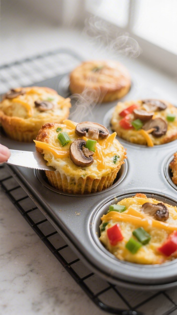 Cooking process close-up: Golden, just-baked low carb egg and cheese muffins still in a generously g