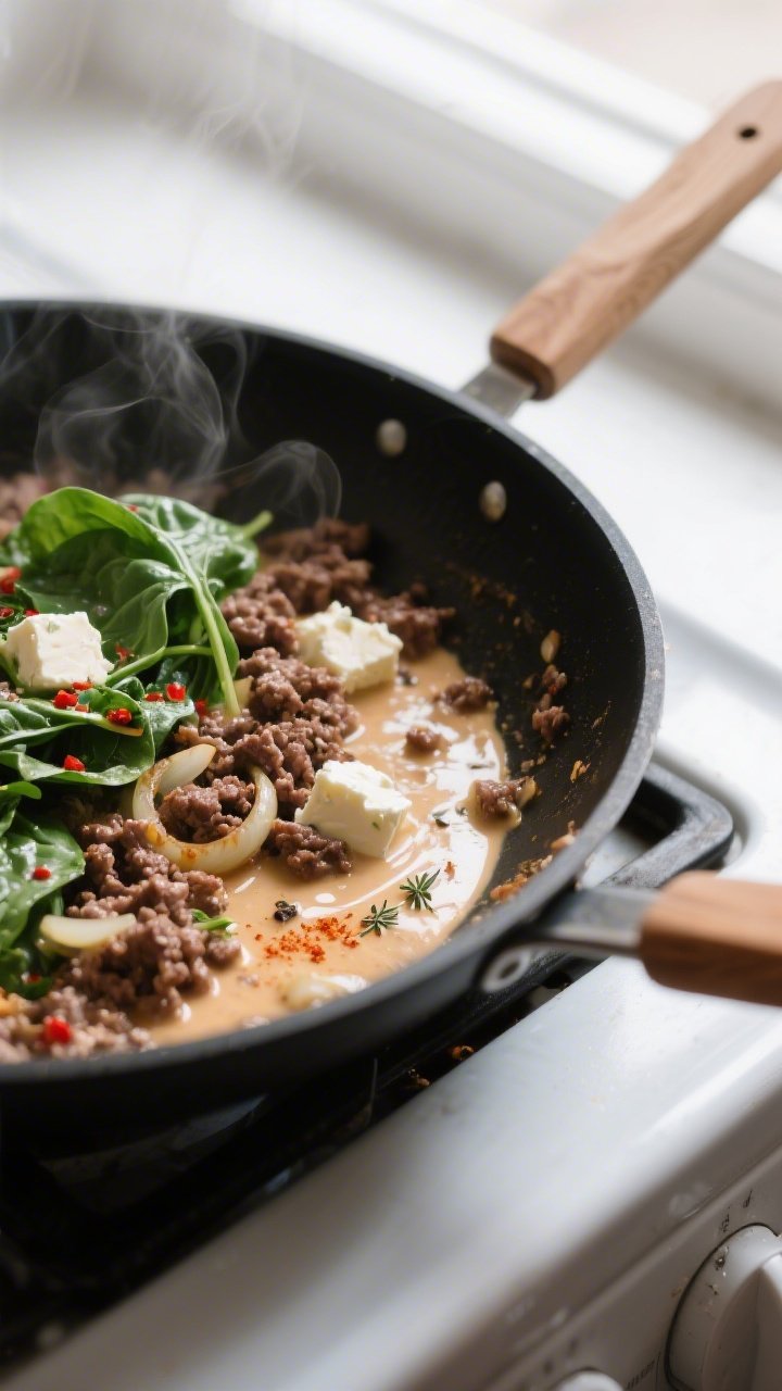 Cooking process close-up: Ground beef and onions sizzling in a wide black skillet as the velvety cre