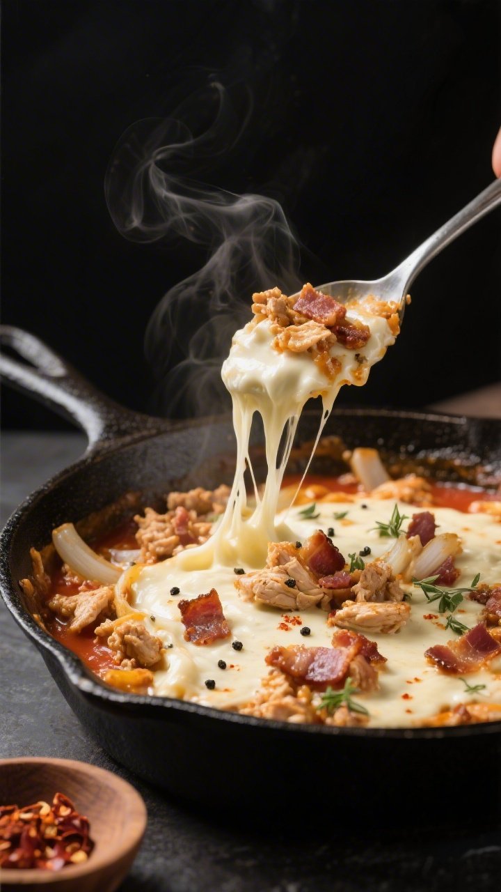 Cooking process close-up: In a cast-iron skillet, creamy chicken-bacon filling just finished on low