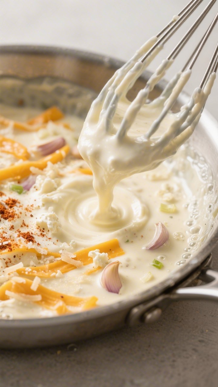 Cooking process close-up: In a stainless-steel skillet, creamy keto casserole sauce swirling and thi