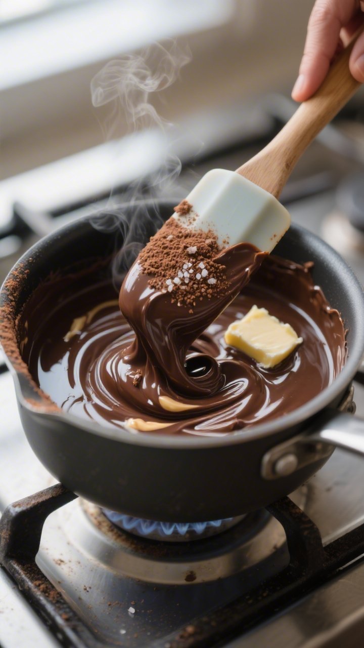 Cooking process close-up: Low carb chocolate fudge mixture being stirred to a glossy, unified sheen 