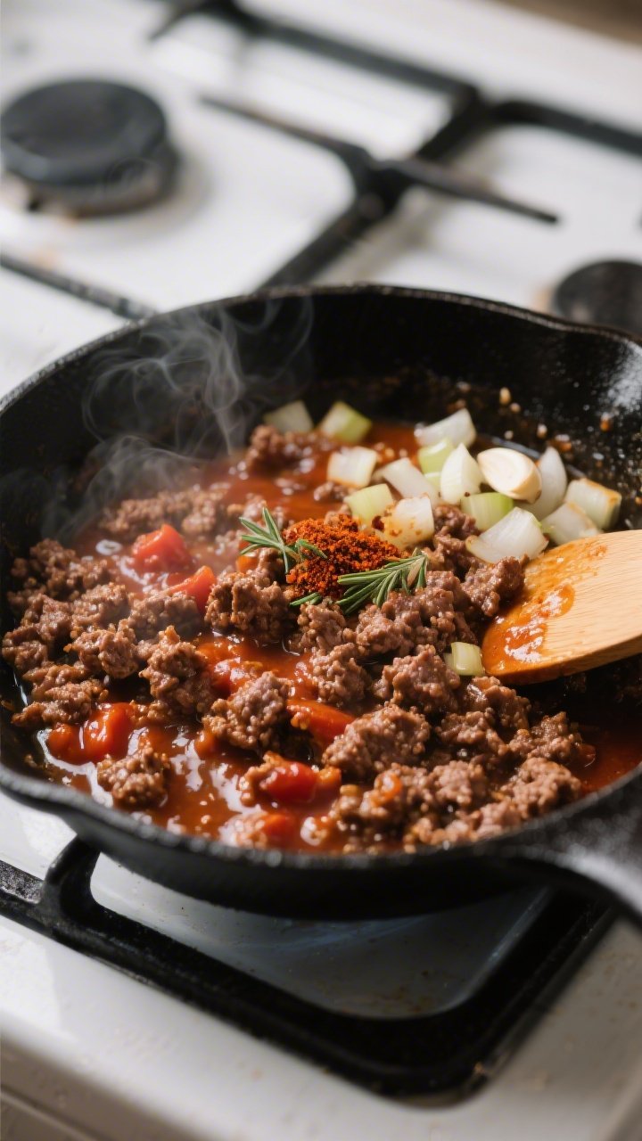 Cooking process close-up: Saucy browned ground beef sizzling in a black cast-iron skillet, beef crum