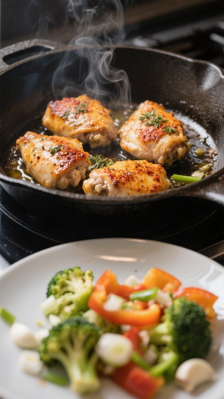 Cooking process close-up: Searing bite-size chicken thighs in a large skillet, golden-brown edges wi