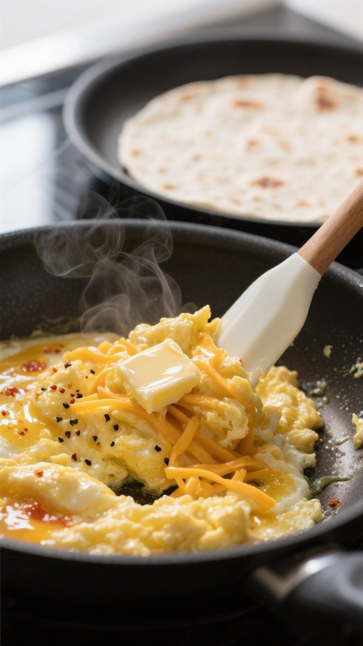Cooking process close-up: Shallow depth-of-field macro of glossy, just-set scrambled eggs being gent