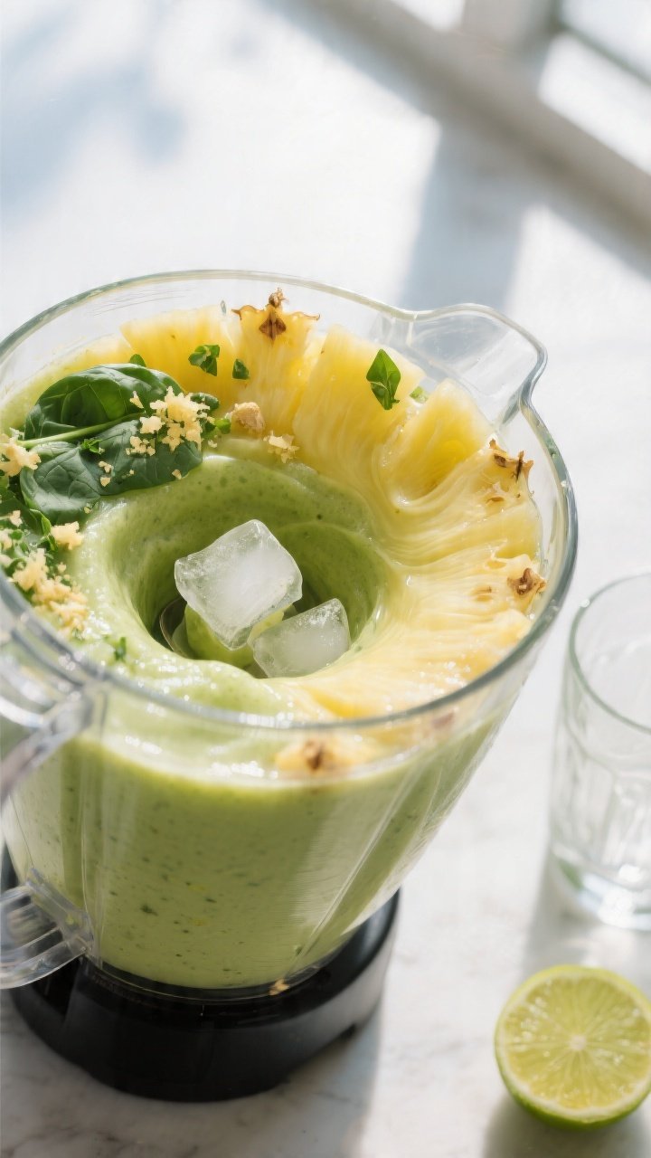 Cooking process close-up: Silky pineapple ginger detox smoothie mid-blend in a high-speed blender, c
