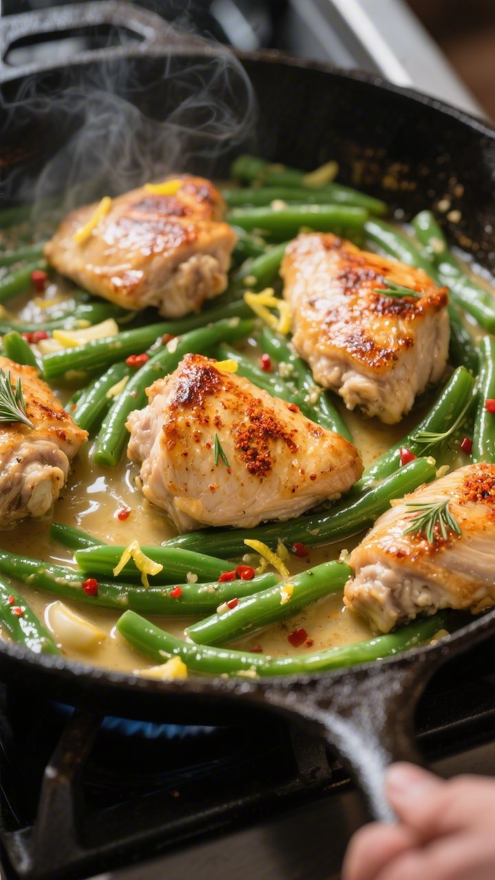 Cooking process close-up: Sizzling keto chicken and green beans in a large cast-iron skillet, mid-co