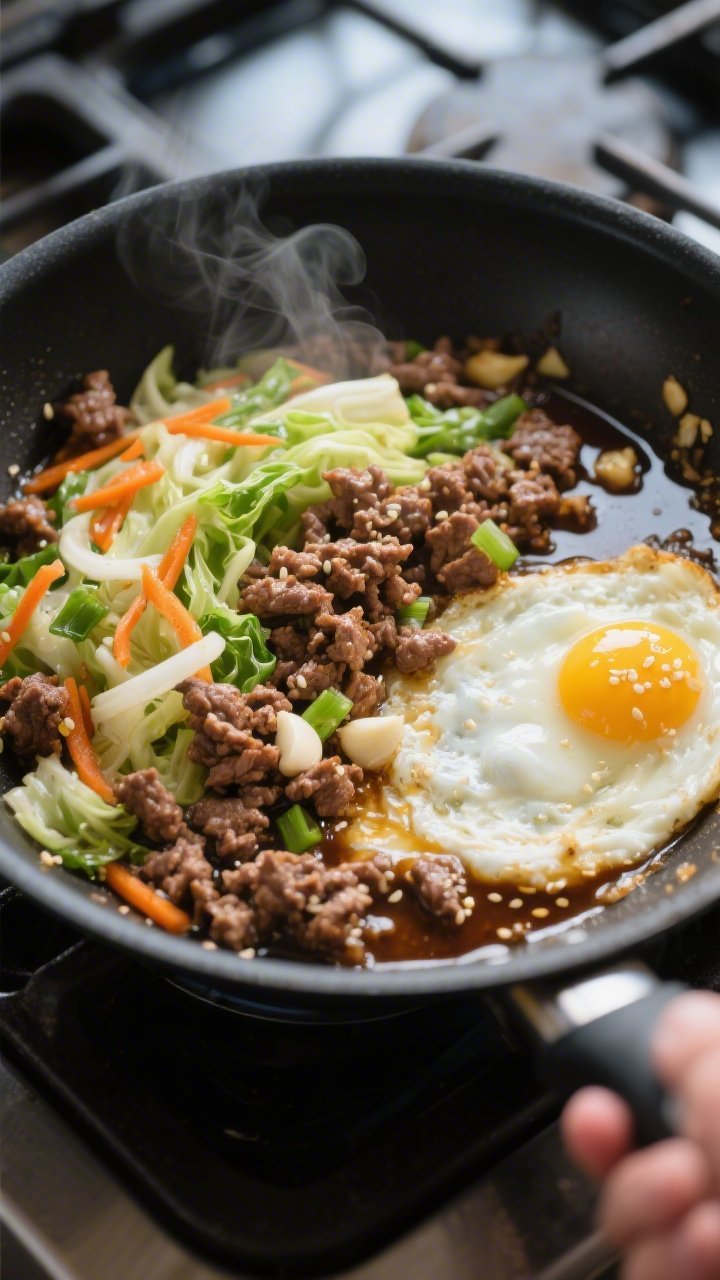Cooking process, close-up: Sizzling keto ground beef egg roll in a bowl mid-cook in a large black sk
