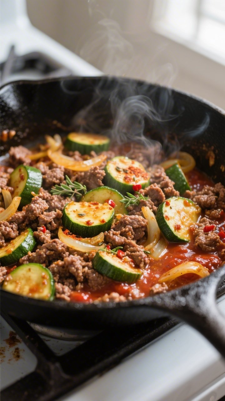 Cooking process, close-up: Sizzling keto ground beef and zucchini skillet mid-cook in a black cast-i