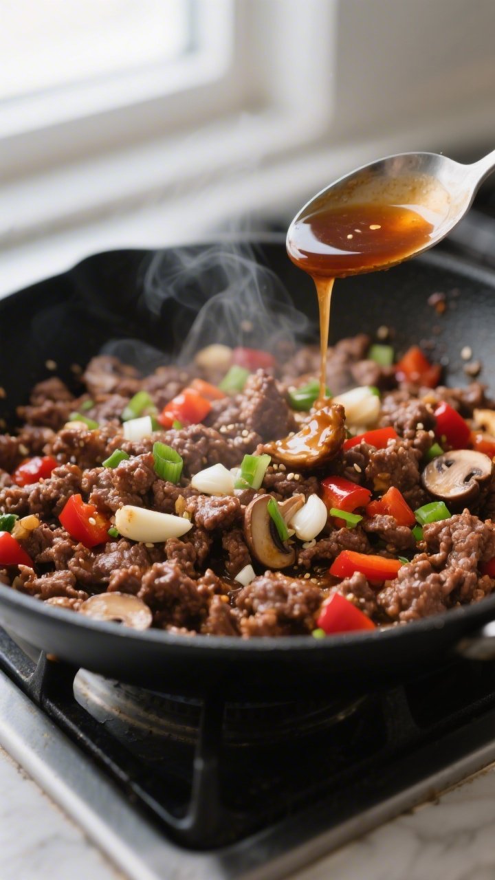 Cooking process close-up: Sizzling keto ground beef filling in a black skillet, browned and glossy f