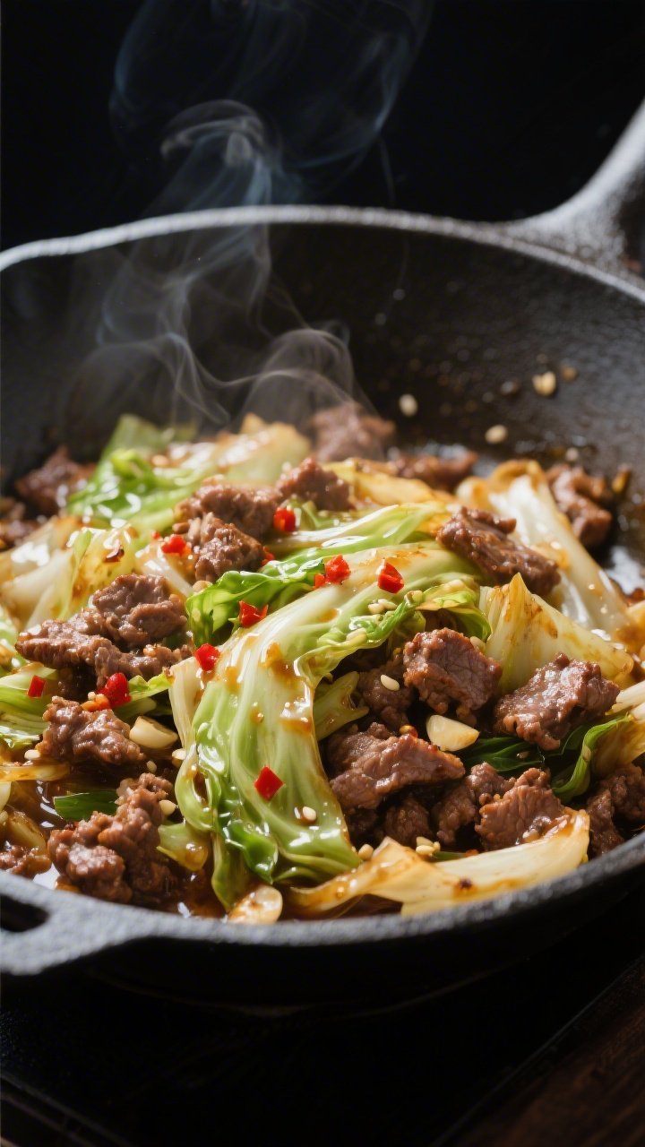 Cooking process close-up: Sizzling keto ground beef and cabbage stir fry in a large cast-iron skille
