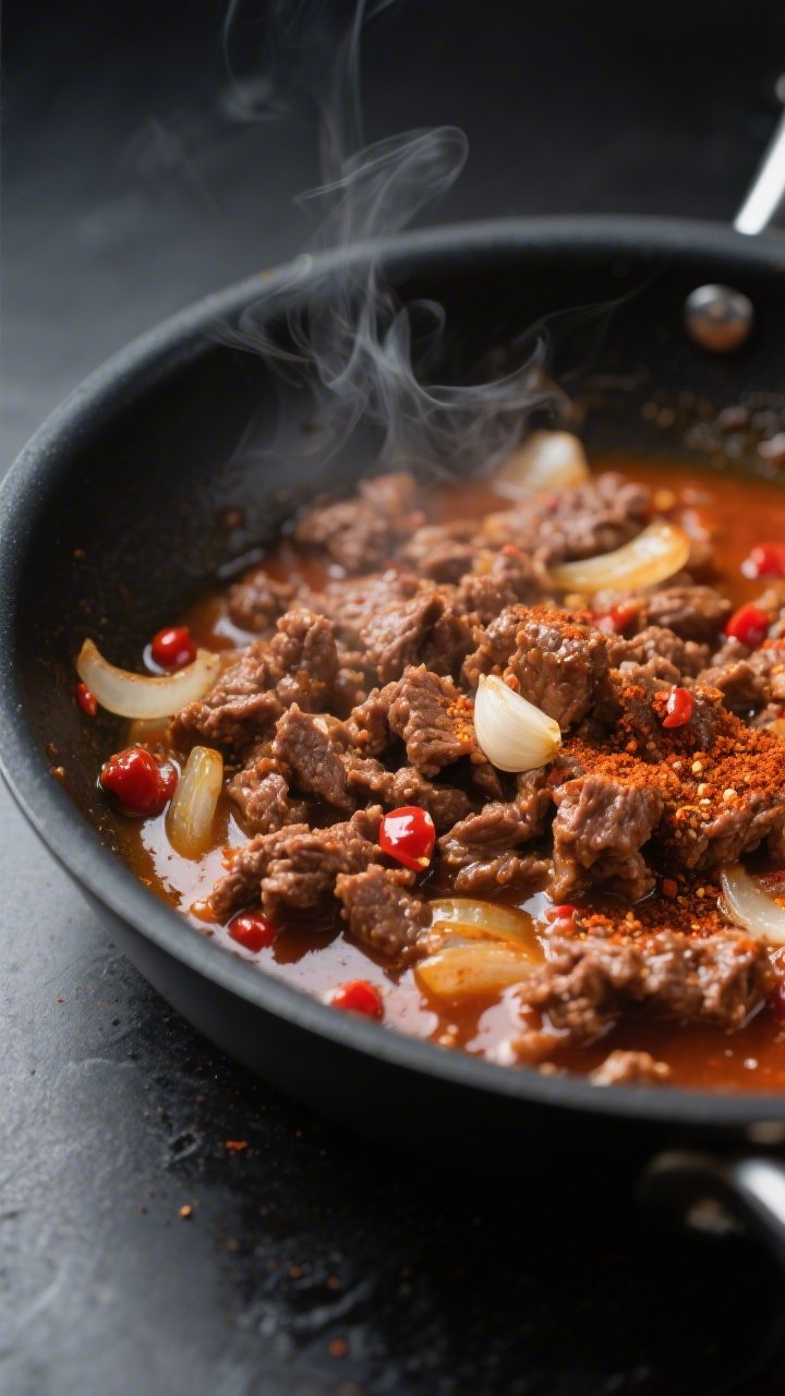 Cooking process close-up: Sizzling keto taco beef in a wide black skillet, browned crumbles coated i