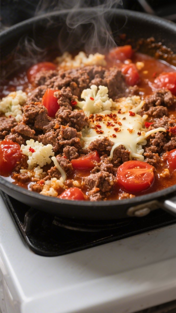 Cooking process close-up: Skillet of browned ground beef simmering with caramelized tomato paste, cr