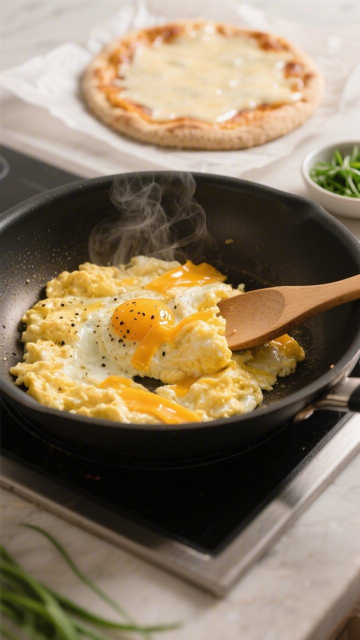 Cooking process close-up: Soft-scrambled eggs being gently pushed across a nonstick skillet over med
