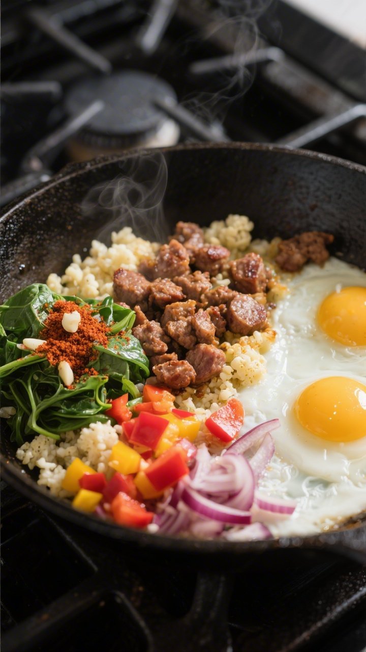Cooking process: In-pan scene of a keto breakfast bowl base midway through cooking—crumbled browne