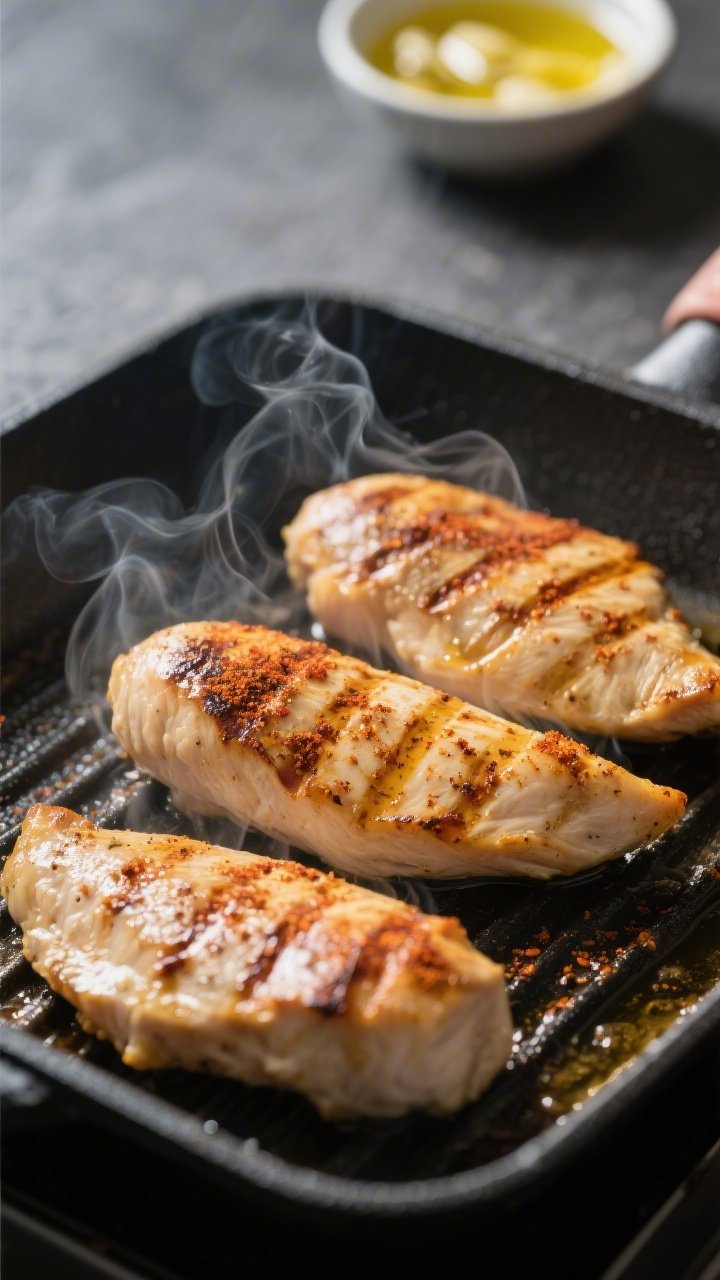 Cooking process — juicy grilled chicken: Mid-action close-up of seasoned chicken breasts sizzling 