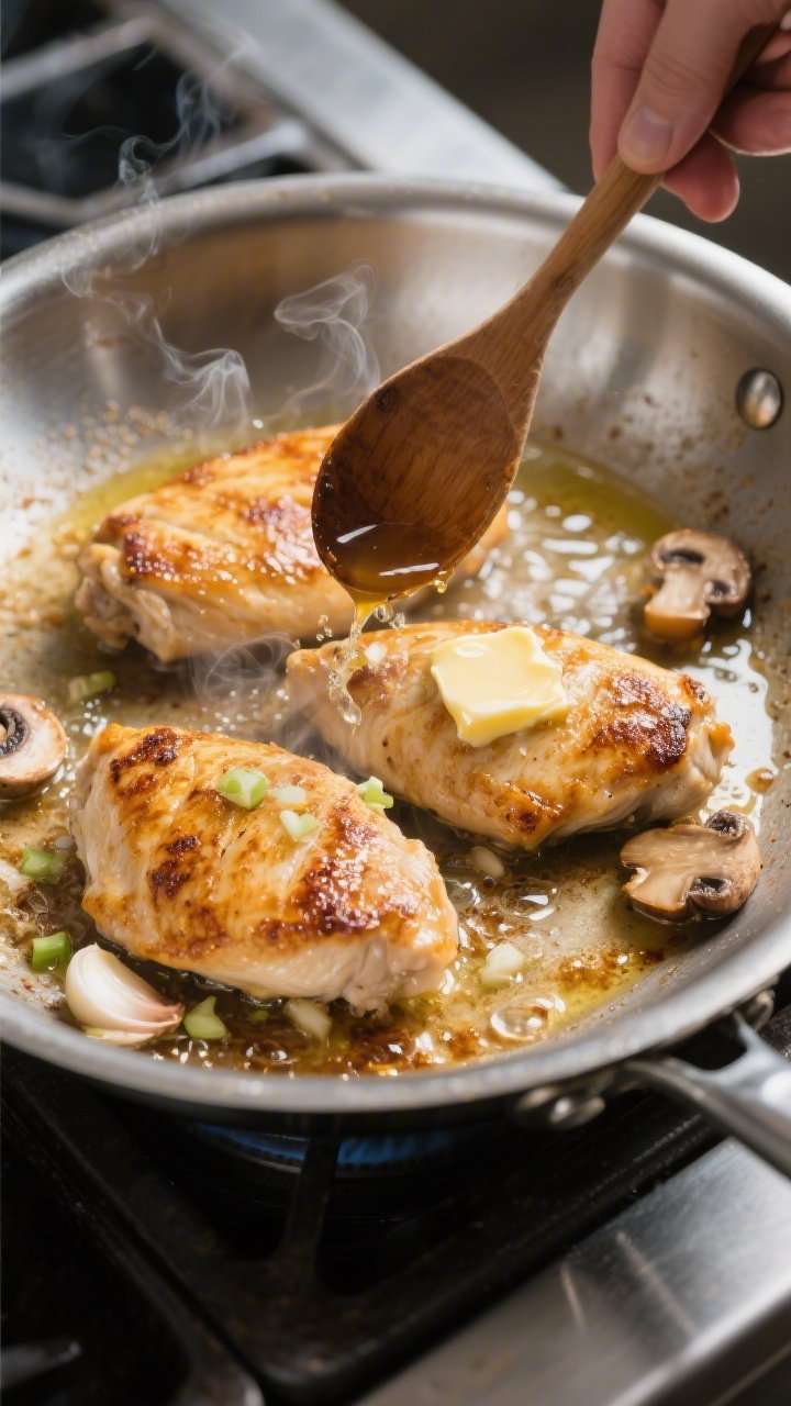 Cooking process — Searing and deglazing: Close-up of golden-brown chicken cutlets sizzling in a la