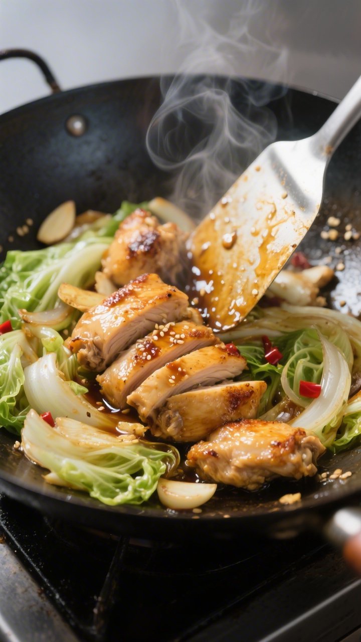 Cooking process — Searing and saucing stage: Close-up of golden-browned, thinly sliced chicken thi